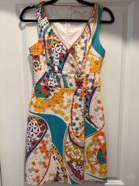 Trina Turk White Multicolor Floral Mosaic V‑Neck Mini Dress